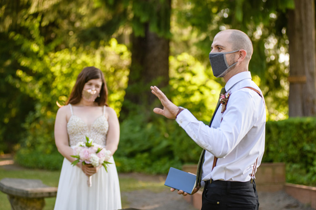 Masked bride and groom