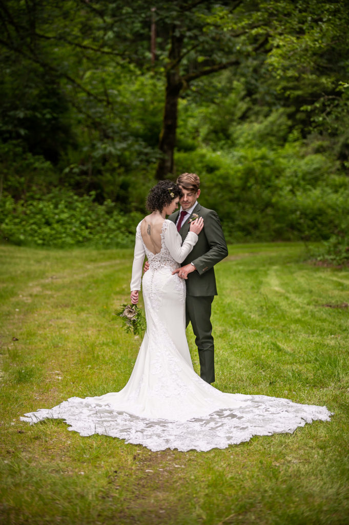 Bride and groom full-length portrait at Wallace Falls Lodge wedding