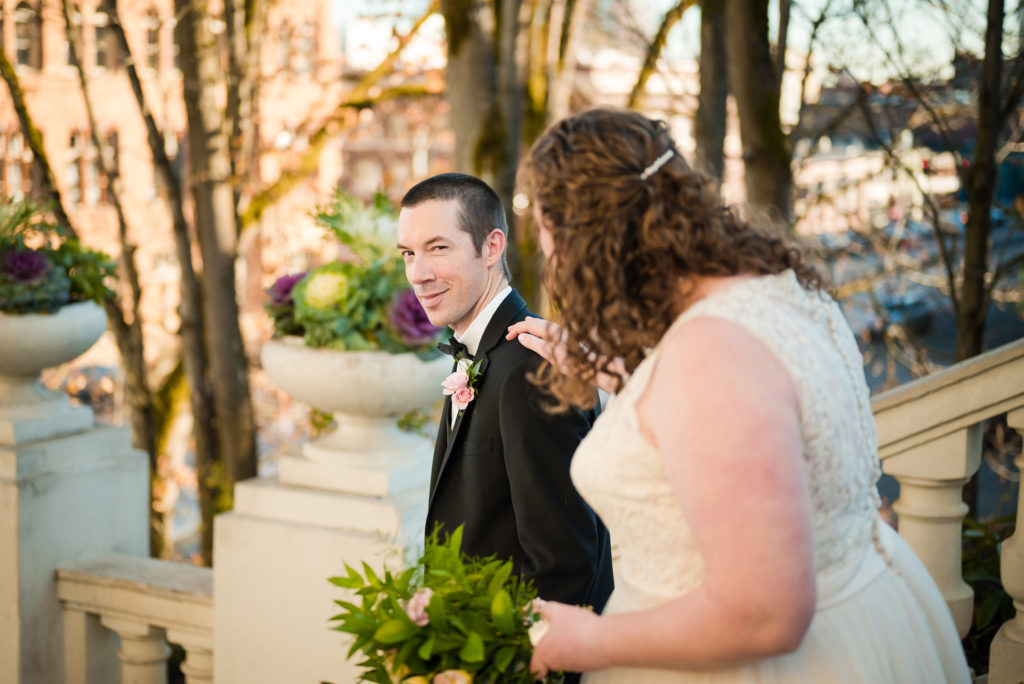 Wedding first look on Tacoma Spanish Steps